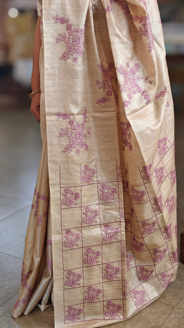 Beige and Lilac pure handloom desi tussar silk saree - 692T