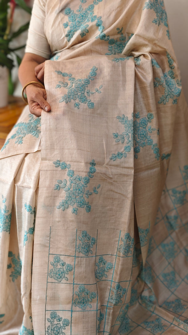 Beige and powder blue pure handloom desi tussar silk saree - 692T