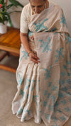 Beige and powder blue pure handloom desi tussar silk saree - 692T