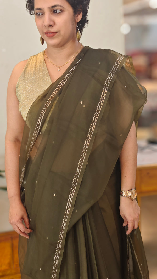 Dark Olive Green Organza saree - TD16