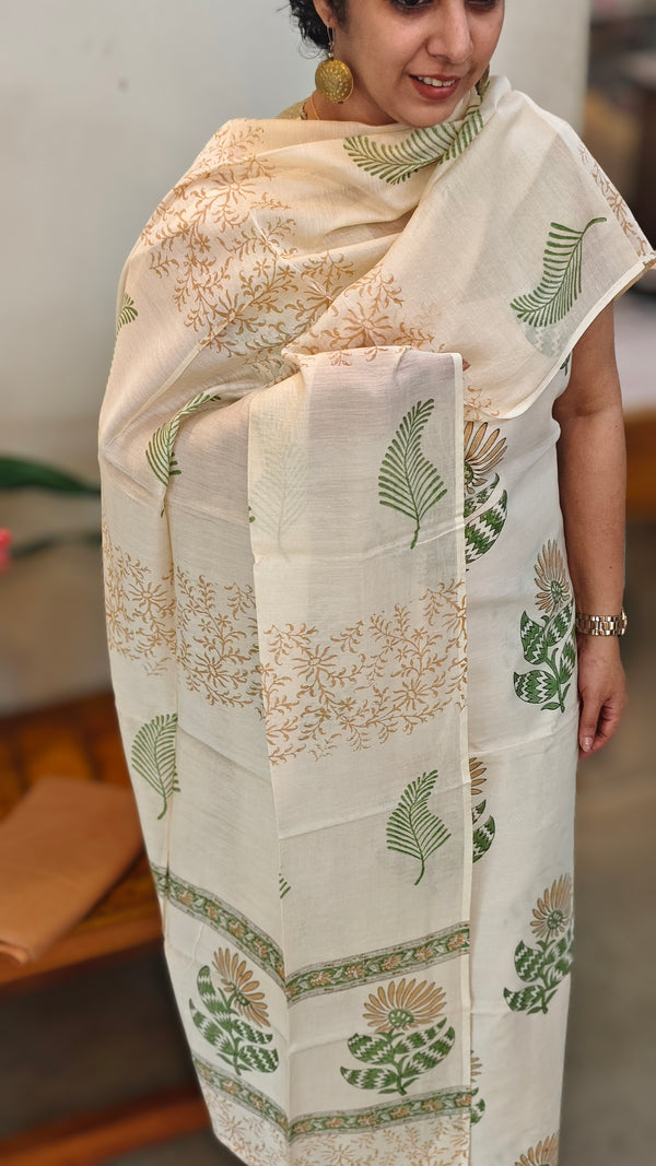 Off white Block printed Chanderi salwar suit
