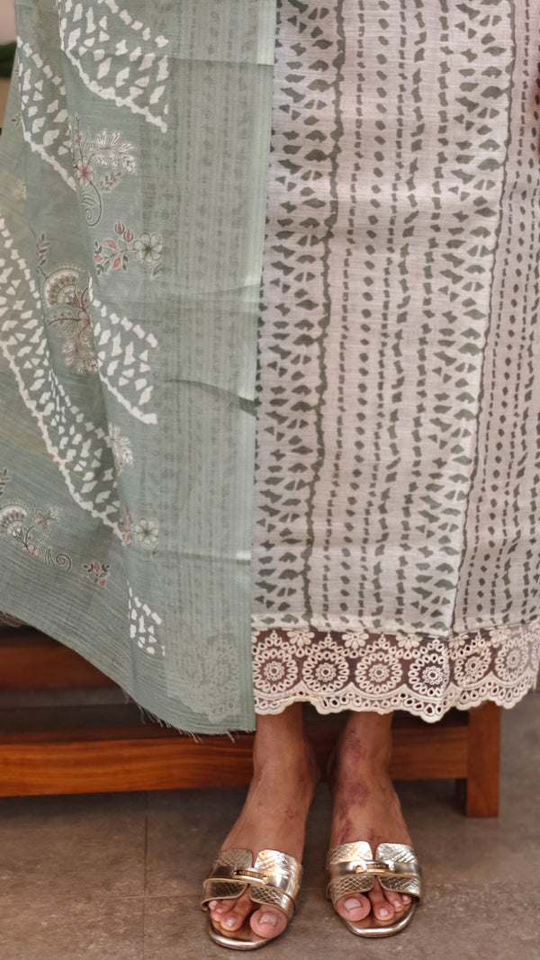 Basil Green and off white blended linen suit