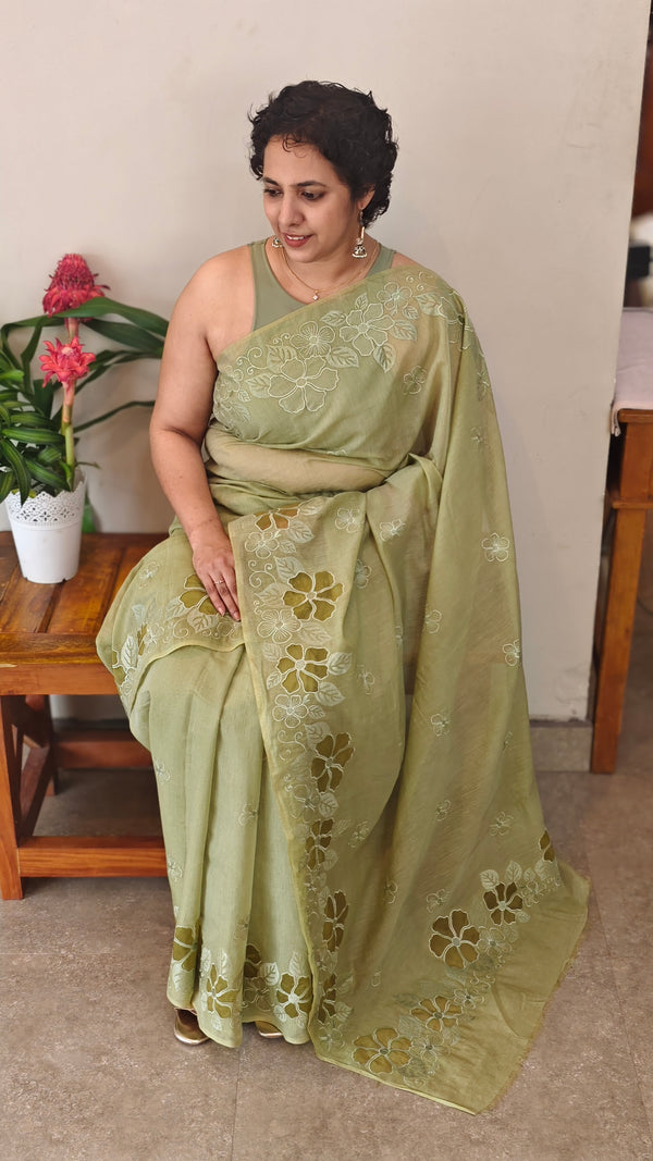 Sage Green mal chanderi Appique saree - MLK9 - G1