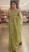 Sage green mal chanderi applique saree - MLK9 - G2