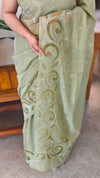 Sage green mal chanderi applique saree - MLK9 - G2