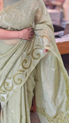 Sage green mal chanderi applique saree - MLK9 - G2
