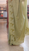 Sage green mal chanderi applique saree - MLK9 - G3