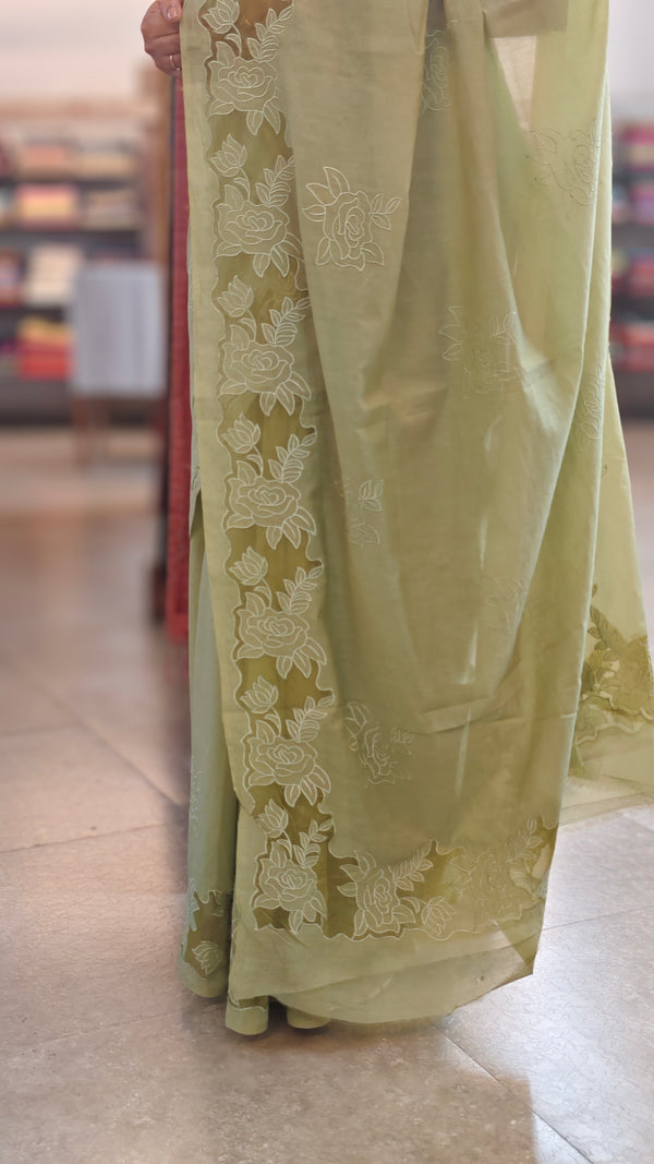 Sage green mal chanderi applique saree - MLK9 - G3