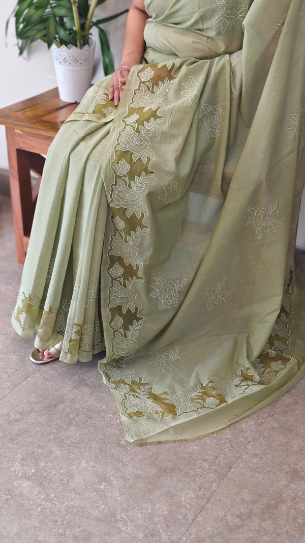 Sage green mal chanderi applique saree - MLK9 - G3