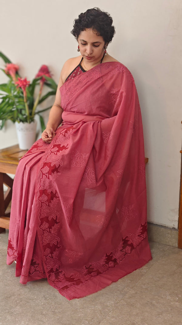 Maroon mal chanderi saree with applique - MLK9 - GA