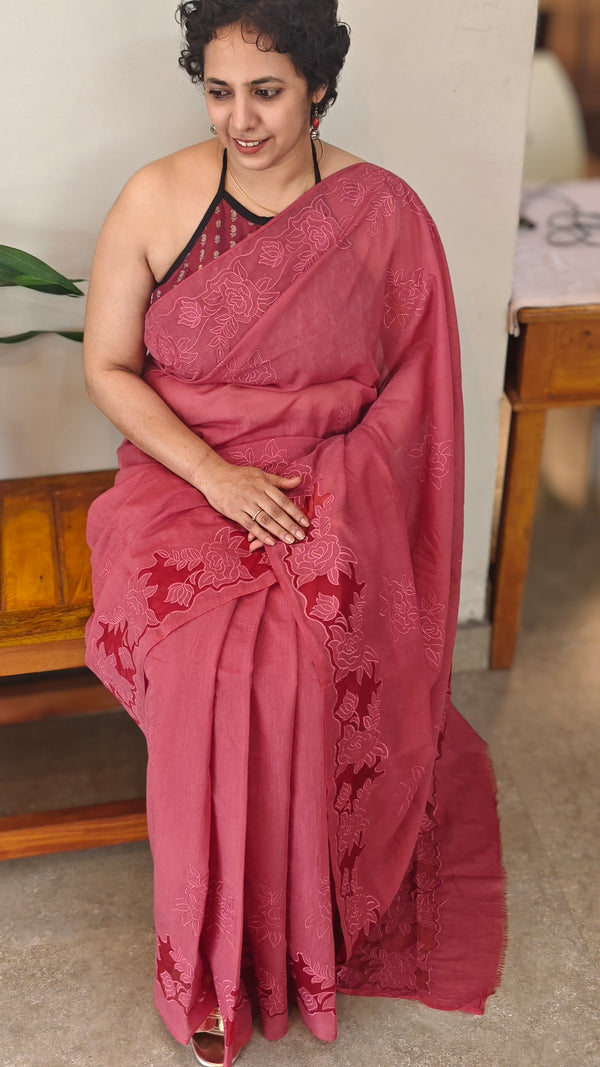 Maroon mal chanderi saree with applique - MLK9 - GA