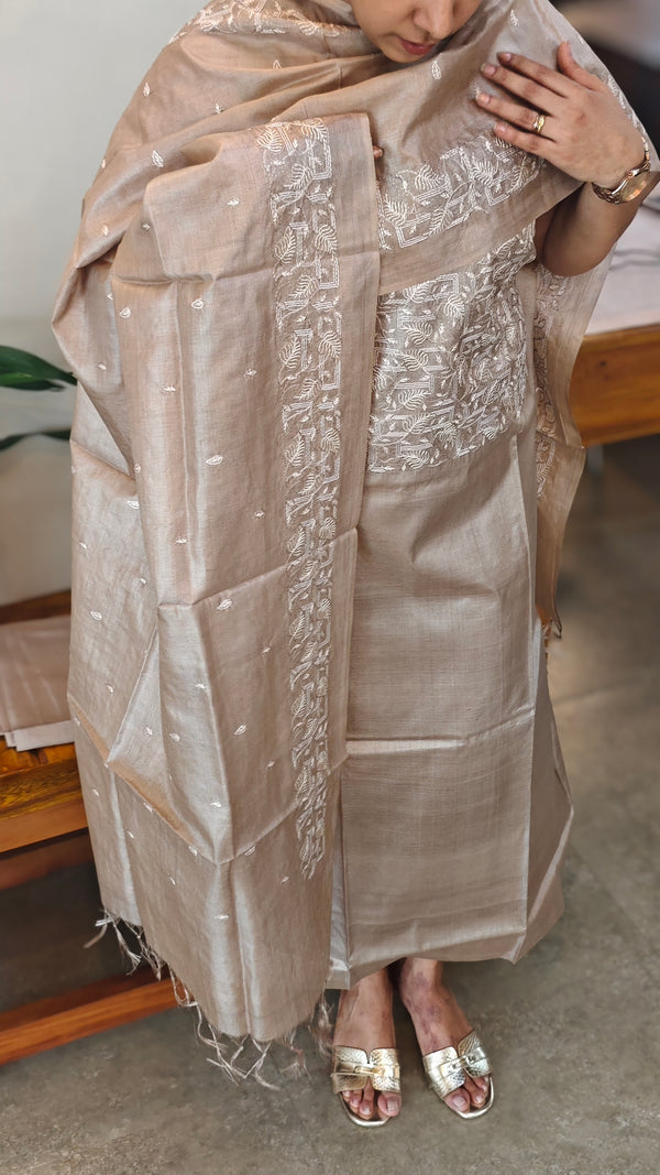 Dark beige tussar silk suit