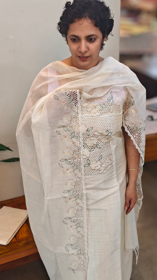 Off white Cotton silk cutwork suit