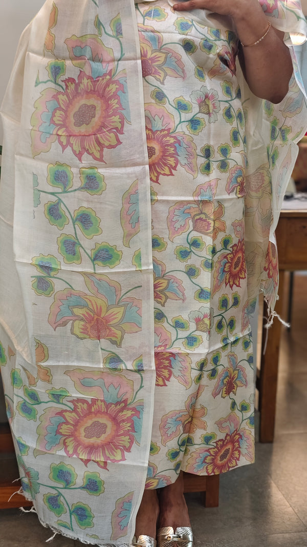 Off white printed tussar silk suit - M1