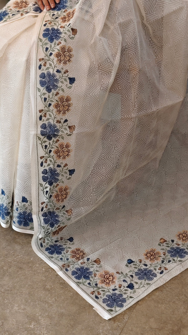 Off white and Blue Tepchi kota saree