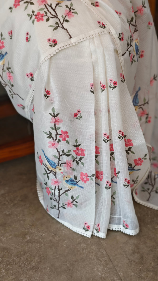 Pearl white embroiderednet kota saree