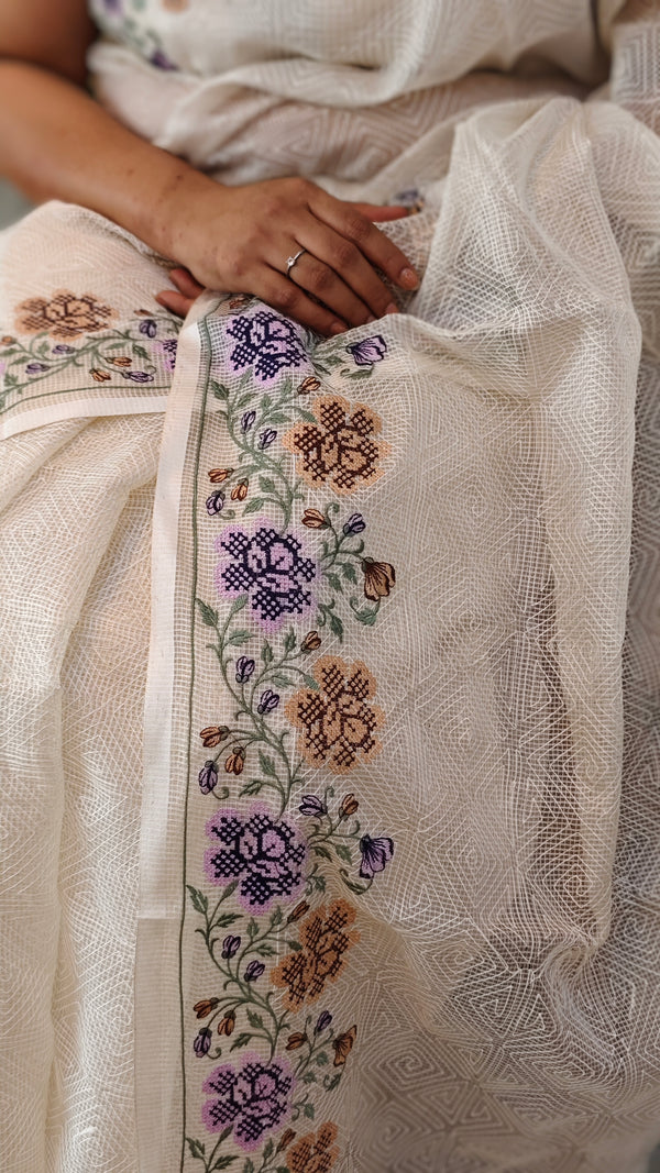 Off white and purple Tepchi kota saree