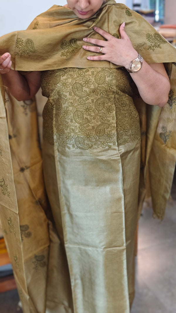 Olive green tussar silk suit