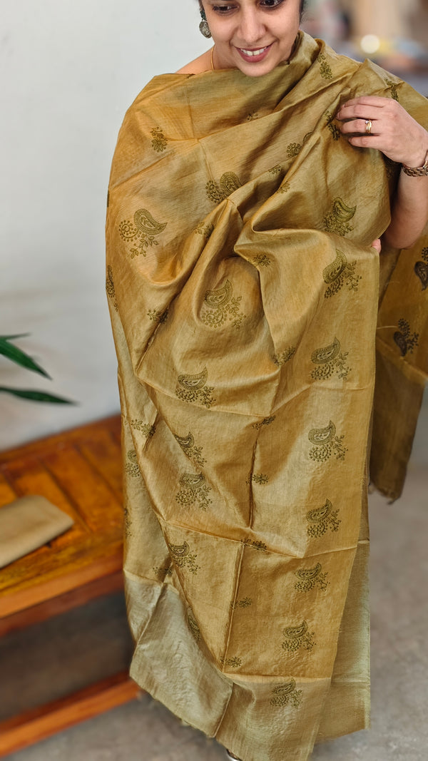 Olive green tussar silk suit
