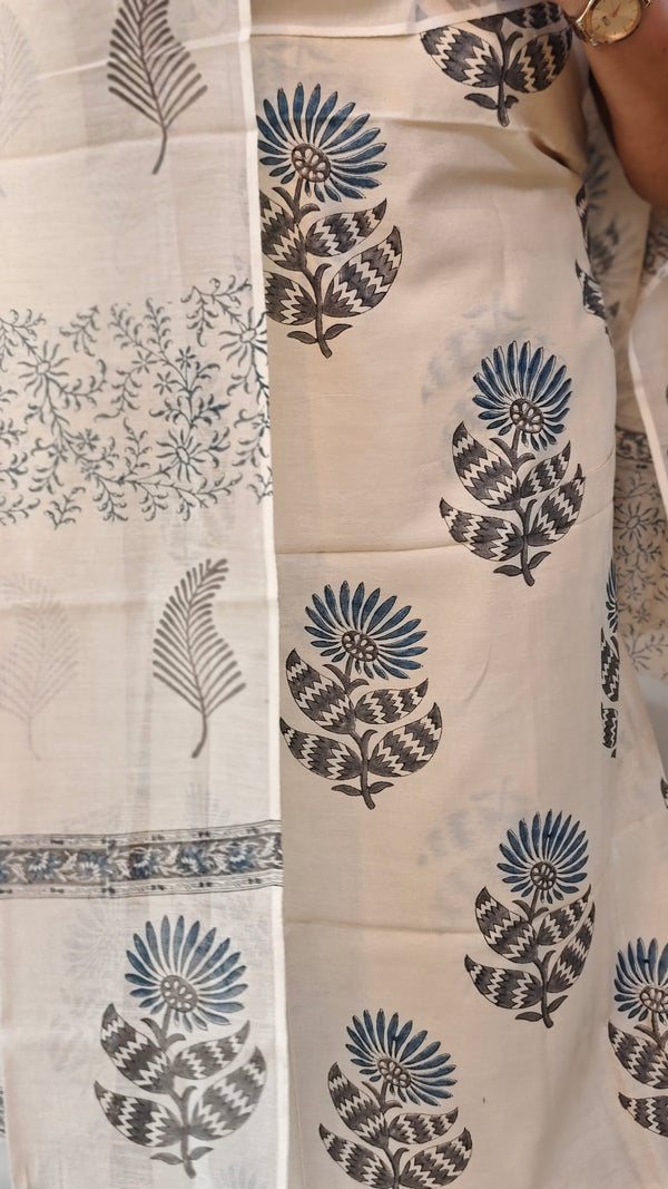 Off white Block printed Chanderi suit