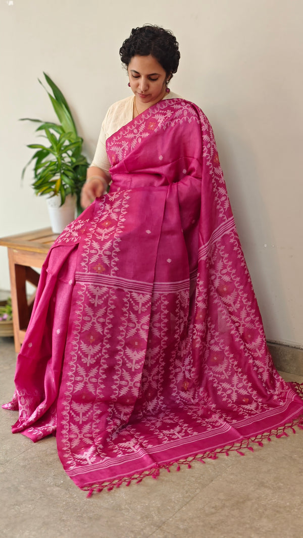 Dark pink tussar jamdani saree - ZE38