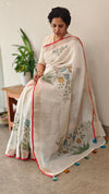 Off white base linen tissue saree - Hand painted - Blue and mustard flowers - 6DE3