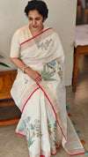 Off white base linen tissue saree - Hand painted - Blue and mustard flowers - 6DE3