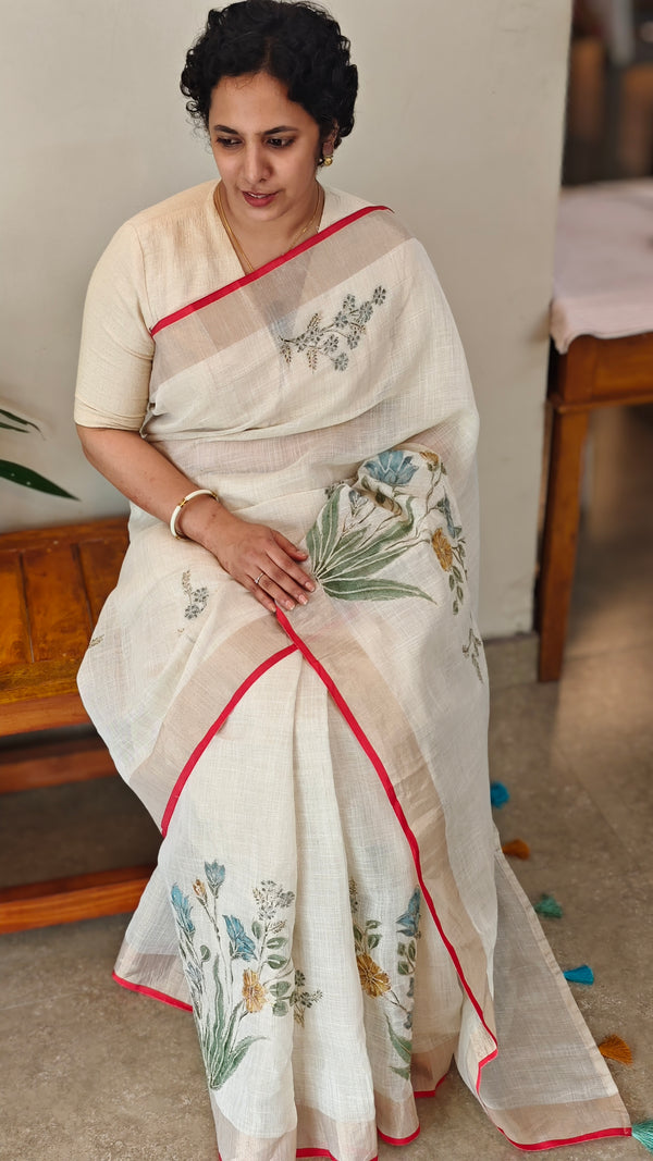 Off white base linen tissue saree - Hand painted - Blue and mustard flowers - 6DE3