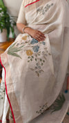 Off white base linen tissue saree - Hand painted - Blue and mustard flowers - 6DE3