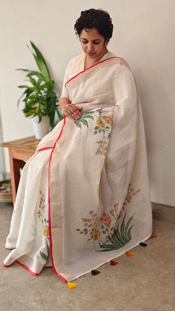 Cream base linen tissue saree - Hand painted - Peach and mustard floral - 6DE3