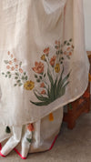 Cream base linen tissue saree - Hand painted - Peach and mustard floral - 6DE3