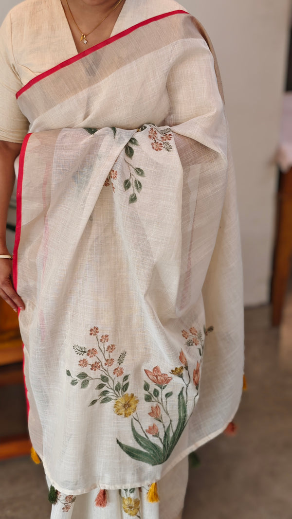 Cream base linen tissue saree - Hand painted - Peach and mustard floral - 6DE3