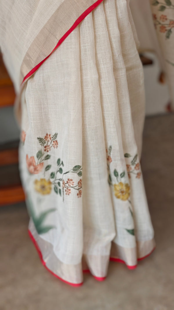 Cream base linen tissue saree - Hand painted - Peach and mustard floral - 6DE3