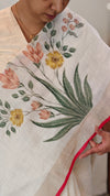 Cream base linen tissue saree - Hand painted - Peach and mustard floral - 6DE3