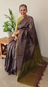 Dark brown and violet printed tussar silk saree - P1101