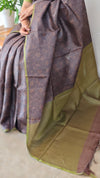 Dark brown and violet printed tussar silk saree - P1101