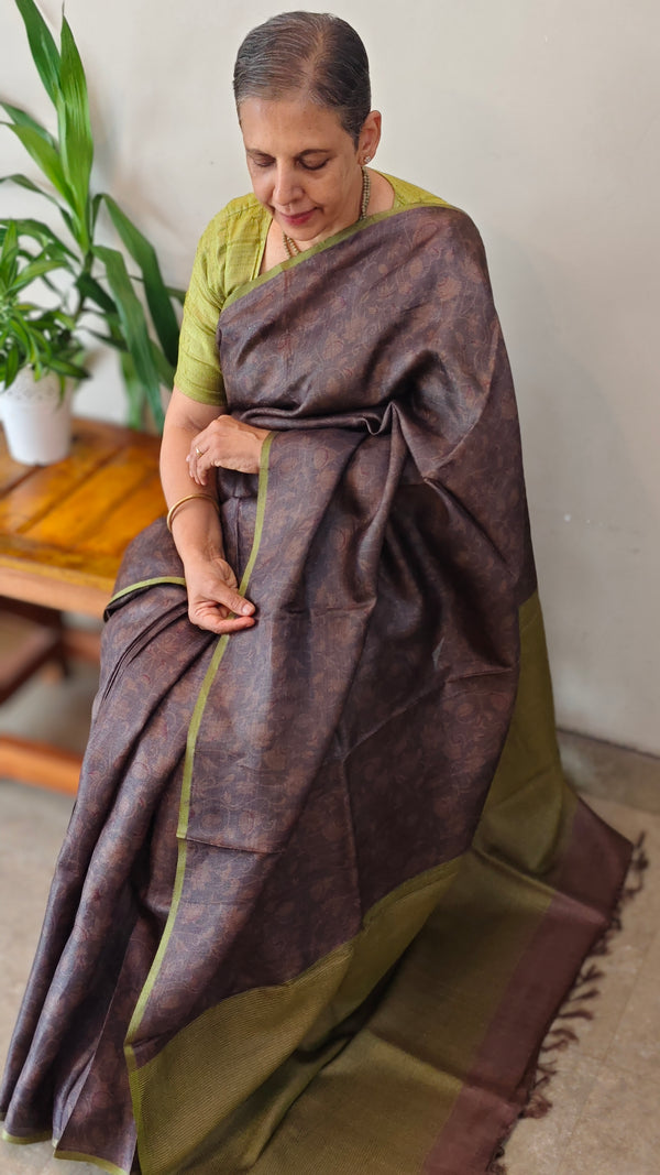 Dark brown and violet printed tussar silk saree - P1101