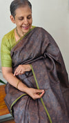 Dark brown and violet printed tussar silk saree - P1101
