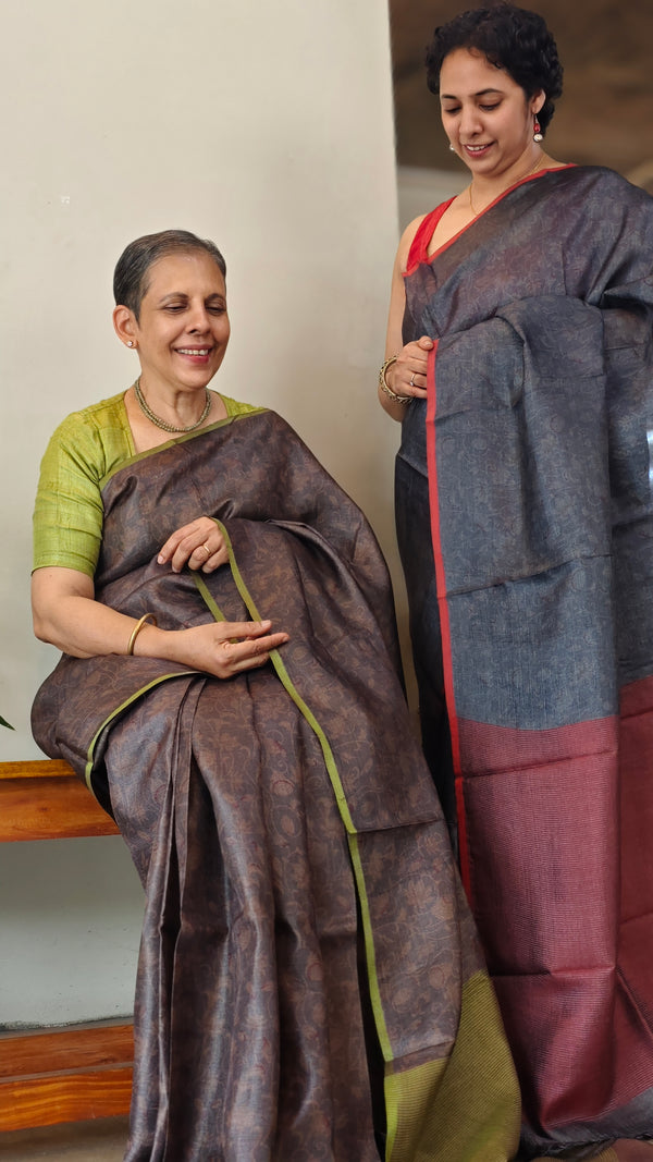 Dark brown and violet printed tussar silk saree - P1101