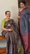 Dark grey and brick red printed tussar silk saree - P1101
