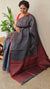Dark grey and brick red printed tussar silk saree - P1101
