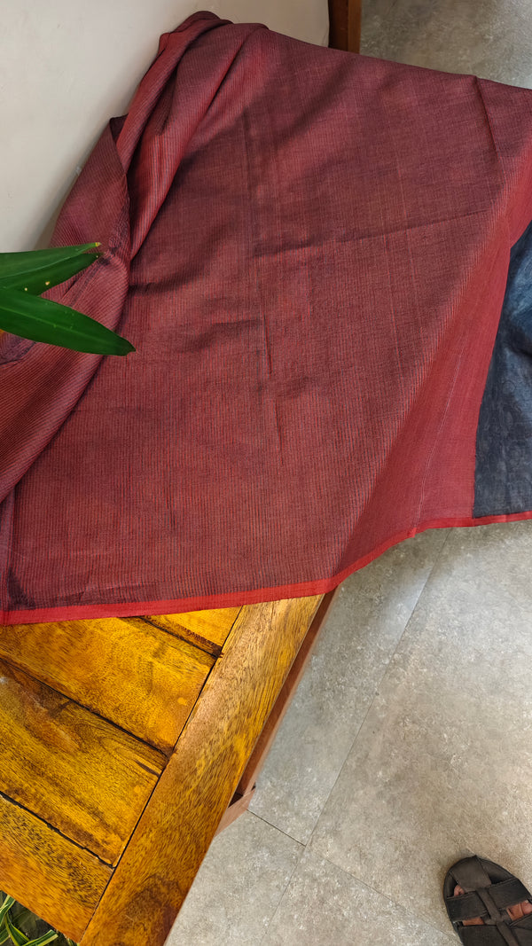 Dark grey and brick red printed tussar silk saree - P1101