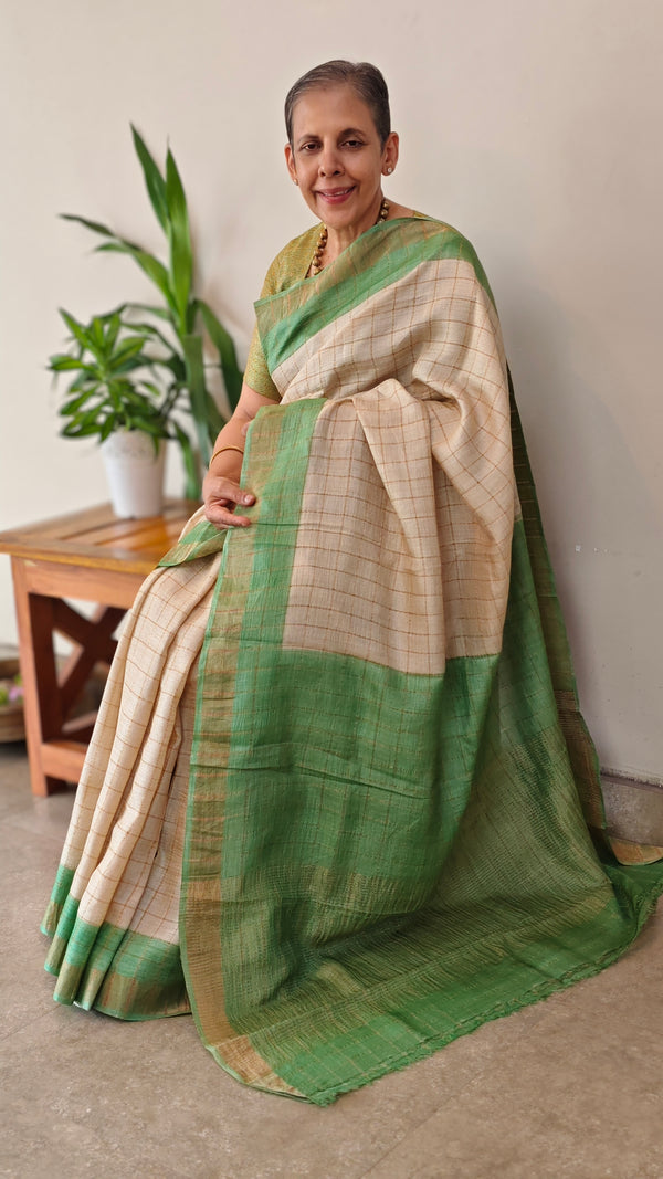Beige and green checked tussar silk saree - MA31