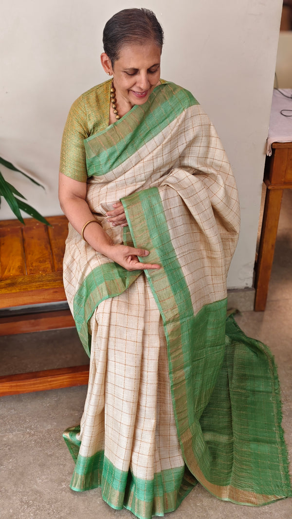 Beige and green checked tussar silk saree - MA31