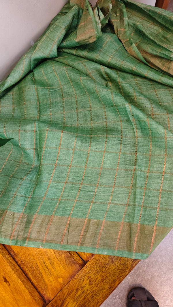 Beige and green checked tussar silk saree - MA31