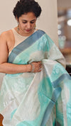 Aqua blue and ivory shaded tussar silk saree - G253