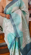 Aqua blue and ivory shaded tussar silk saree - G253