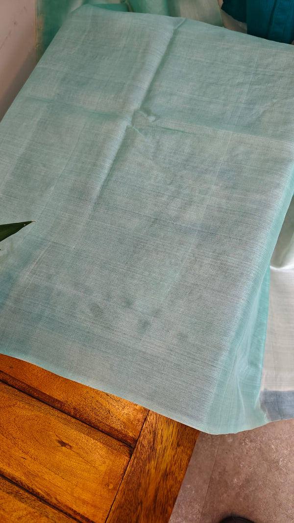 Aqua blue and ivory shaded tussar silk saree - G253