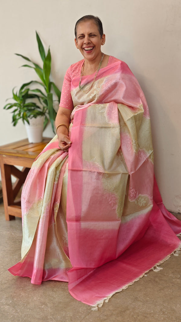 Pink andbeige tussar shadedsilk saree - G253