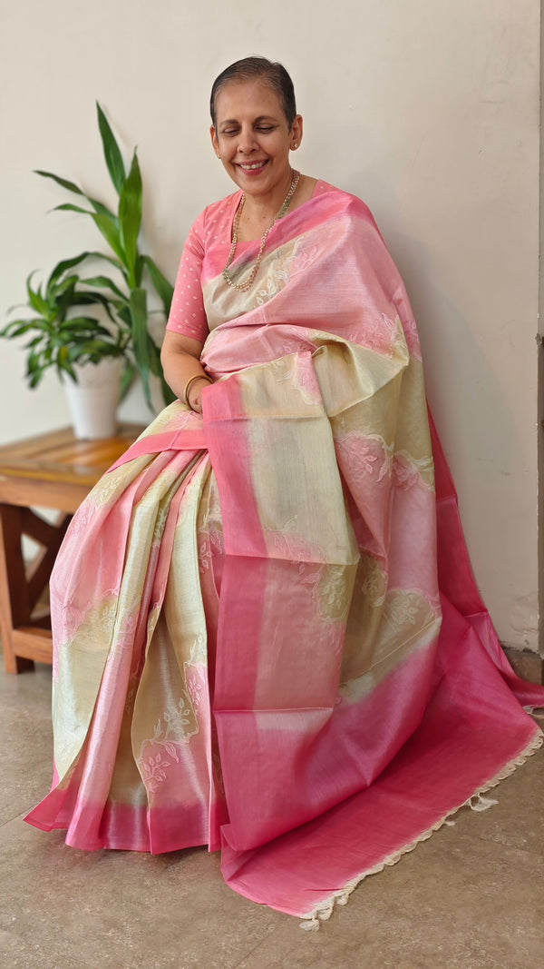 Pink andbeige tussar shadedsilk saree - G253